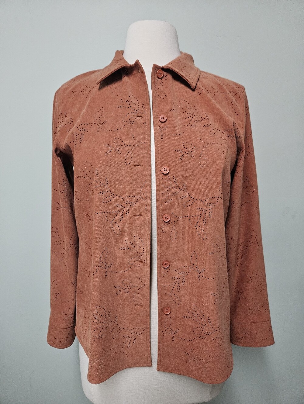 Talbots Brown Perforated Floral Faux Suede Western Button Up Shirt Petite Small
